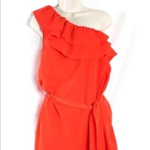 One shoulder orange dress with waist tie